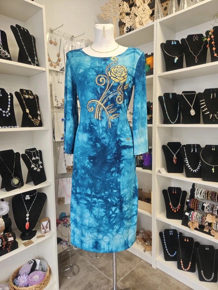 Šaty tyrkys malované, zlatá květina