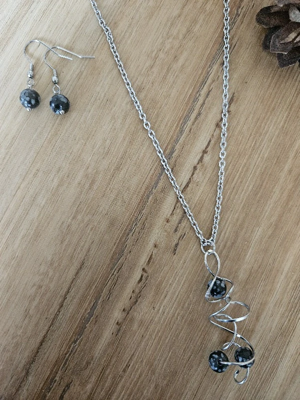 Šperky souprava, drátovaná ch.ocel, obsidian 